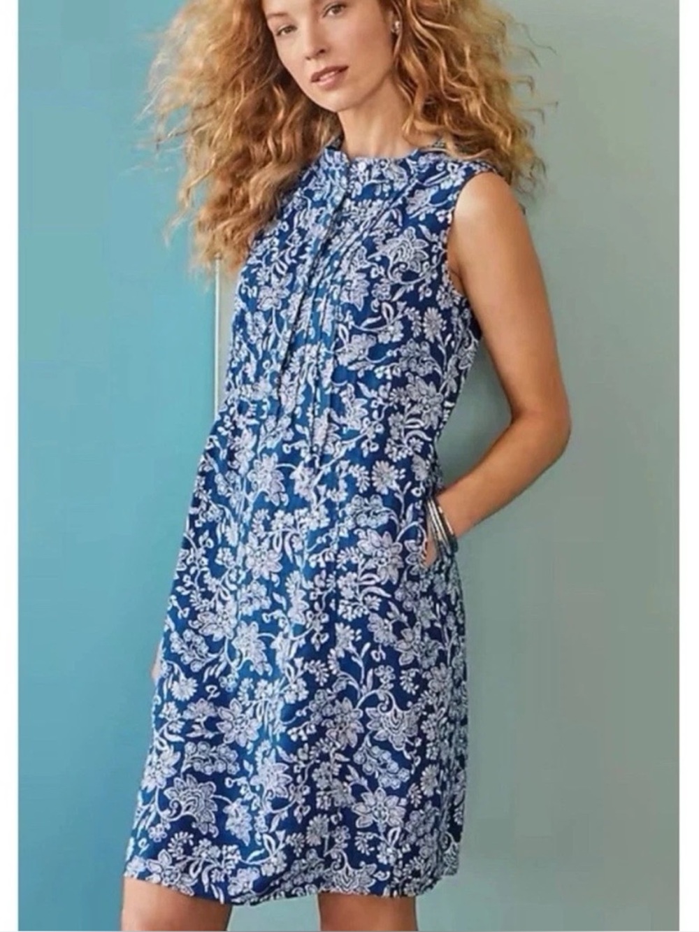 NWT J. Jill Love Linen Blue White Floral Paisley Sleeveless Shift Dress Small